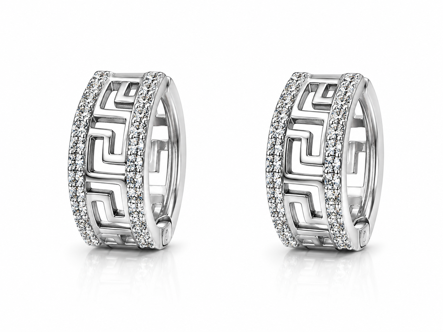 White Gold Plated Round Diamond Greek Key Hoop/Huggie 13mm Pave Earrings