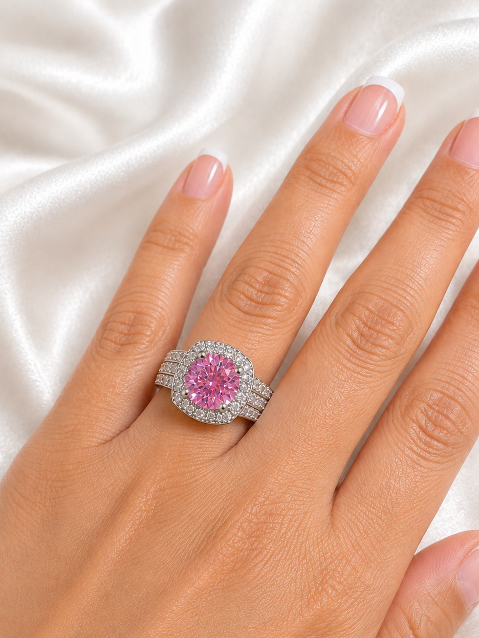 Pink Zircon Silver Plated Wedding Engagement Band Ring Women Jewelry
