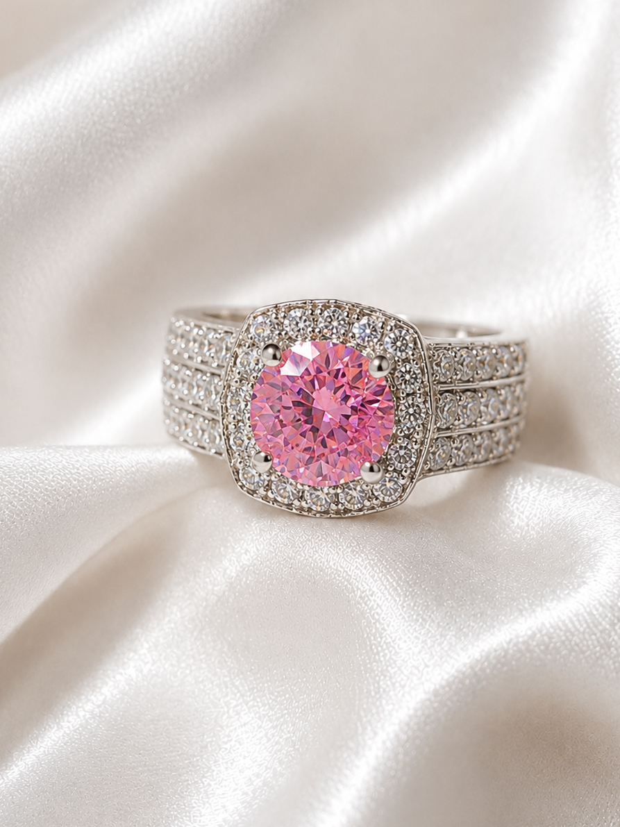 Pink Zircon Silver Plated Wedding Engagement Band Ring Women Jewelry